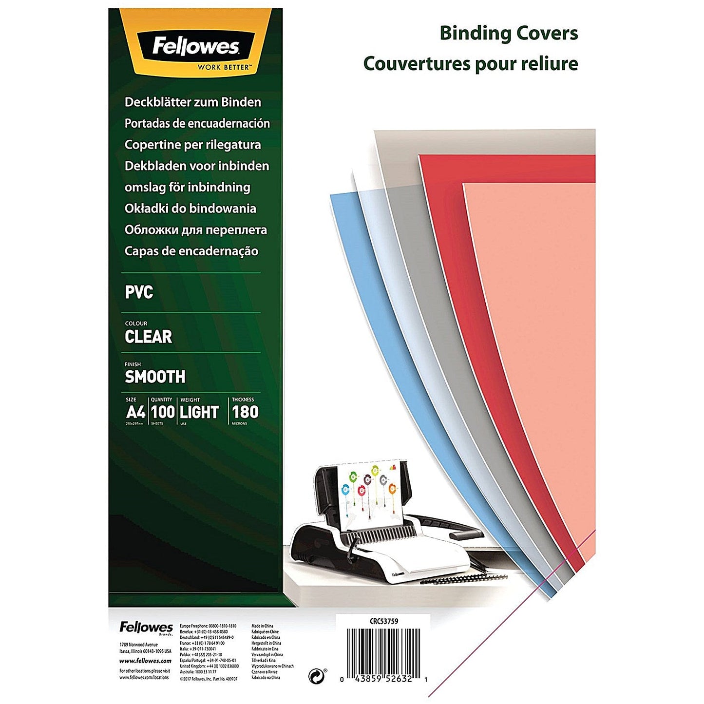 Fellowes Recycled A4 PVC Binding Covers Clear 180 Micron (Pack of 100) Easy2Order : BB52632