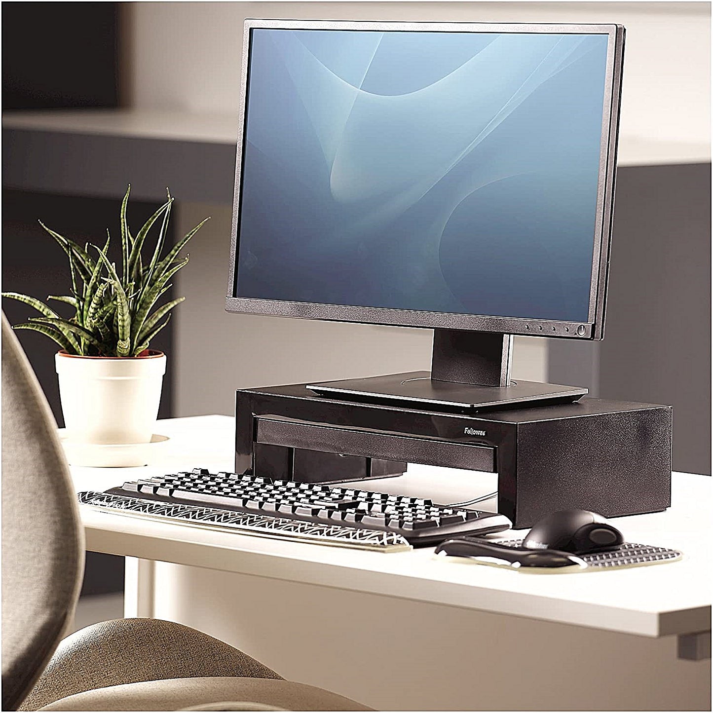 Fellowes Designer Suites Monitor Stand with Drawer, Adjustable Height, Black