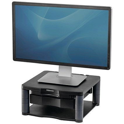 Fellowes Premium Monitor Stand Plus with Drawer and Copyholder, Adjustable Height, Black