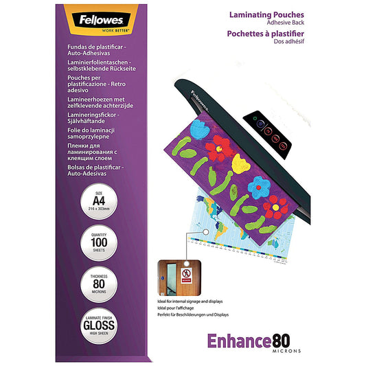 Fellowes Enhance A4 Laminating Pouches, Self Adhesive Back, 160 Microns, Glossy, Pack of 100