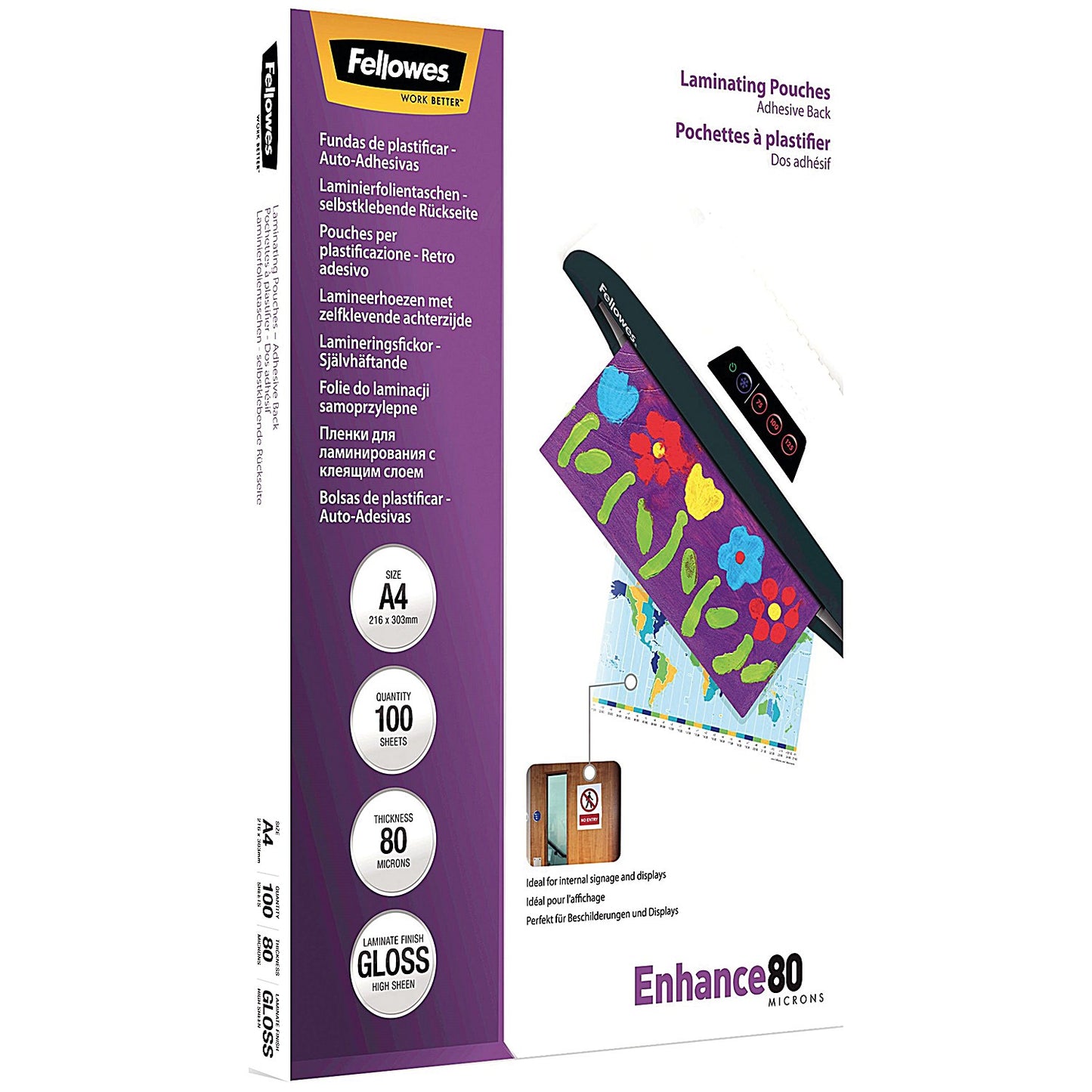 Fellowes Enhance A4 Laminating Pouches, Self Adhesive Back, 160 Microns, Glossy, Pack of 100