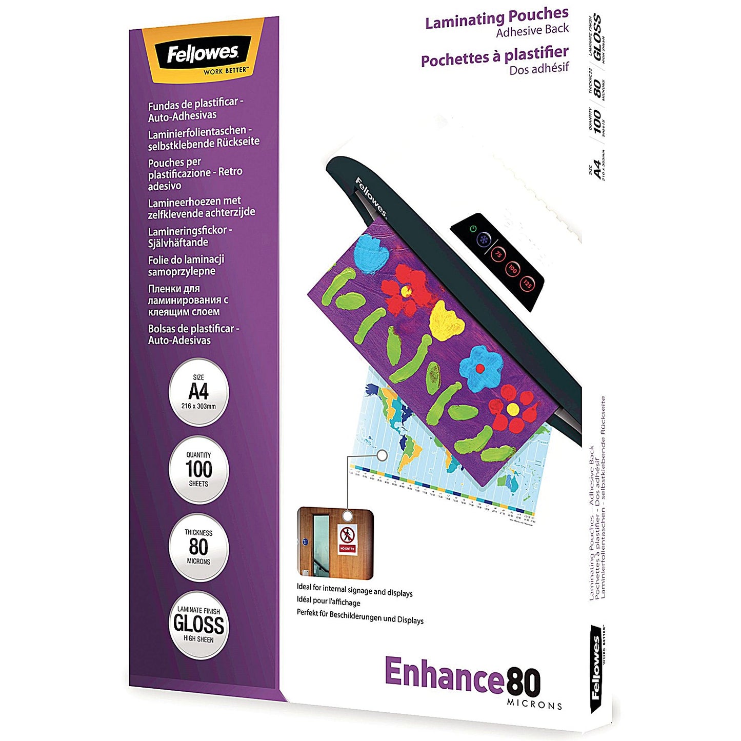 Fellowes Enhance A4 Laminating Pouches, Self Adhesive Back, 160 Microns, Glossy, Pack of 100