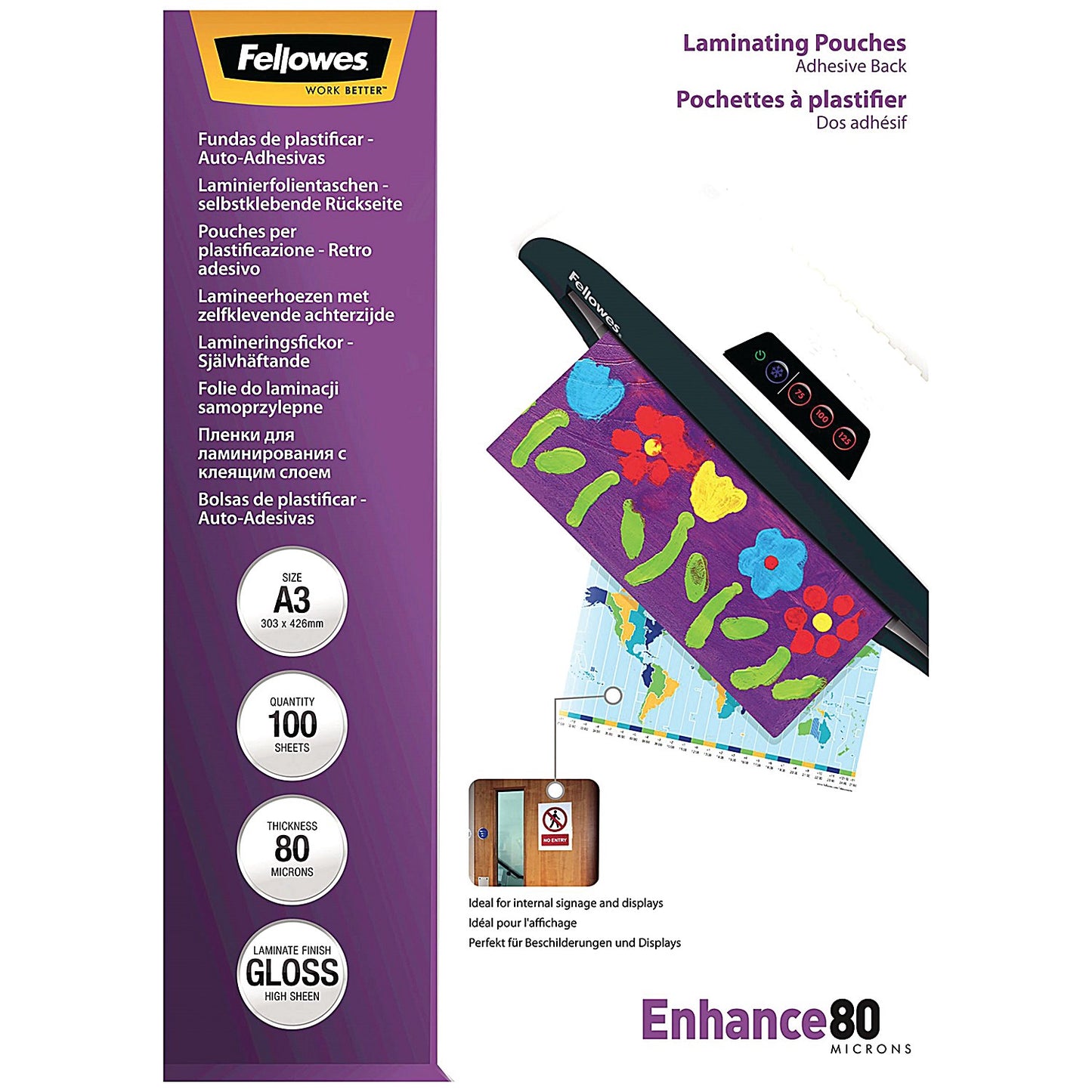 Fellowes Enhance A3 Laminating Pouch, Adhesive Back, 80 Micron, Clear, High Gloss, Pack of 100