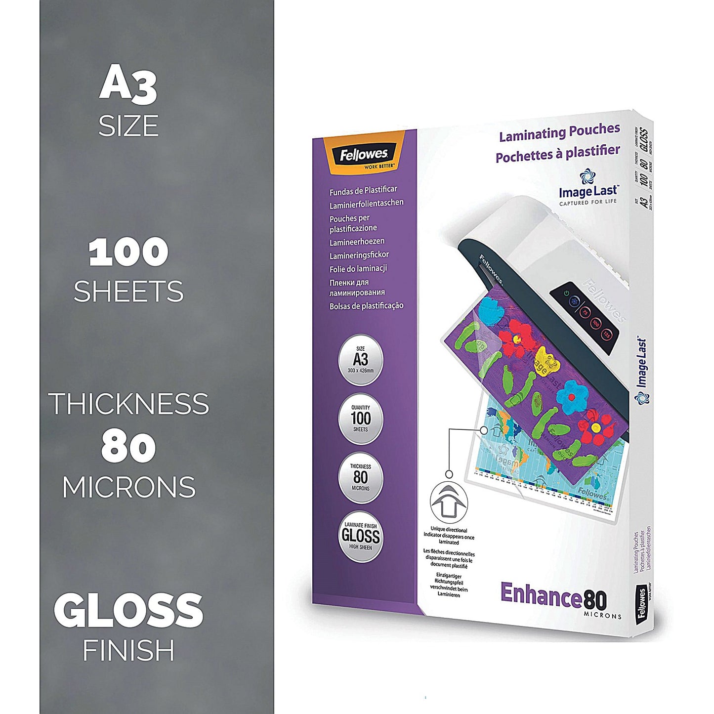 Fellowes Enhance A3 Laminating Pouches, 160 Microns, Glossy, Pack of 100