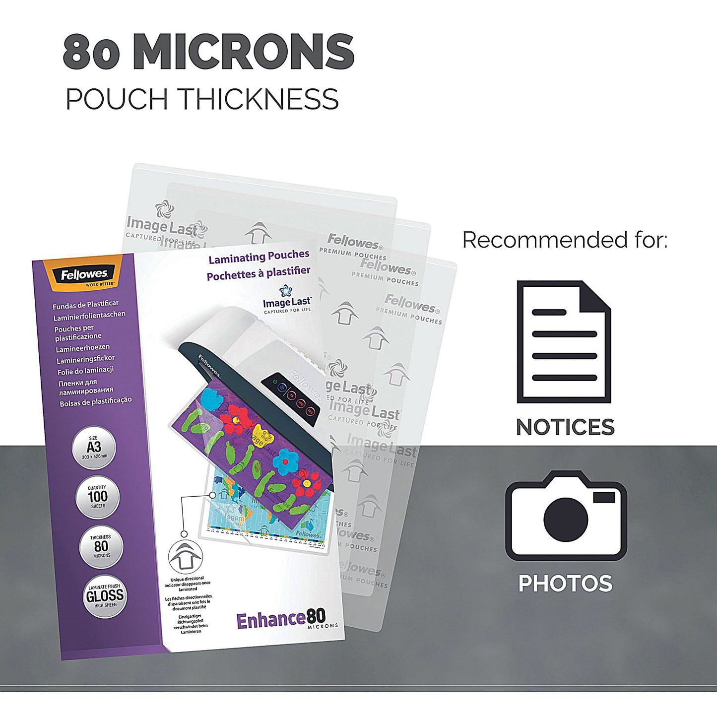 Fellowes Enhance A3 Laminating Pouches, 160 Microns, Glossy, Pack of 100