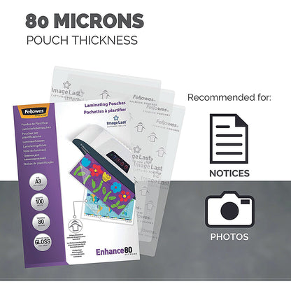 Fellowes Enhance A3 Laminating Pouches, 160 Microns, Glossy, Pack of 100