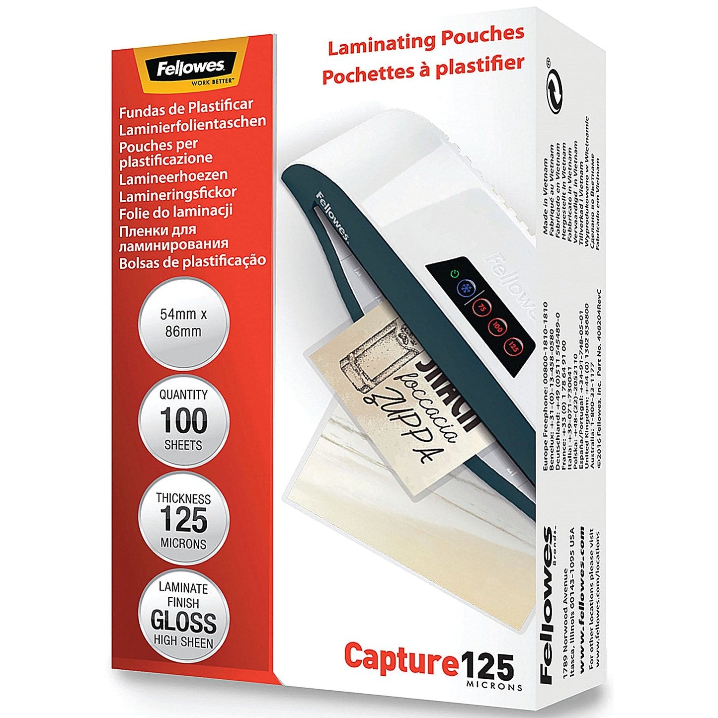 Fellowes Capture 54x86mm Laminating Pouches, 250 Microns, Glossy, Pack of 100 Easy2Order : BB53063