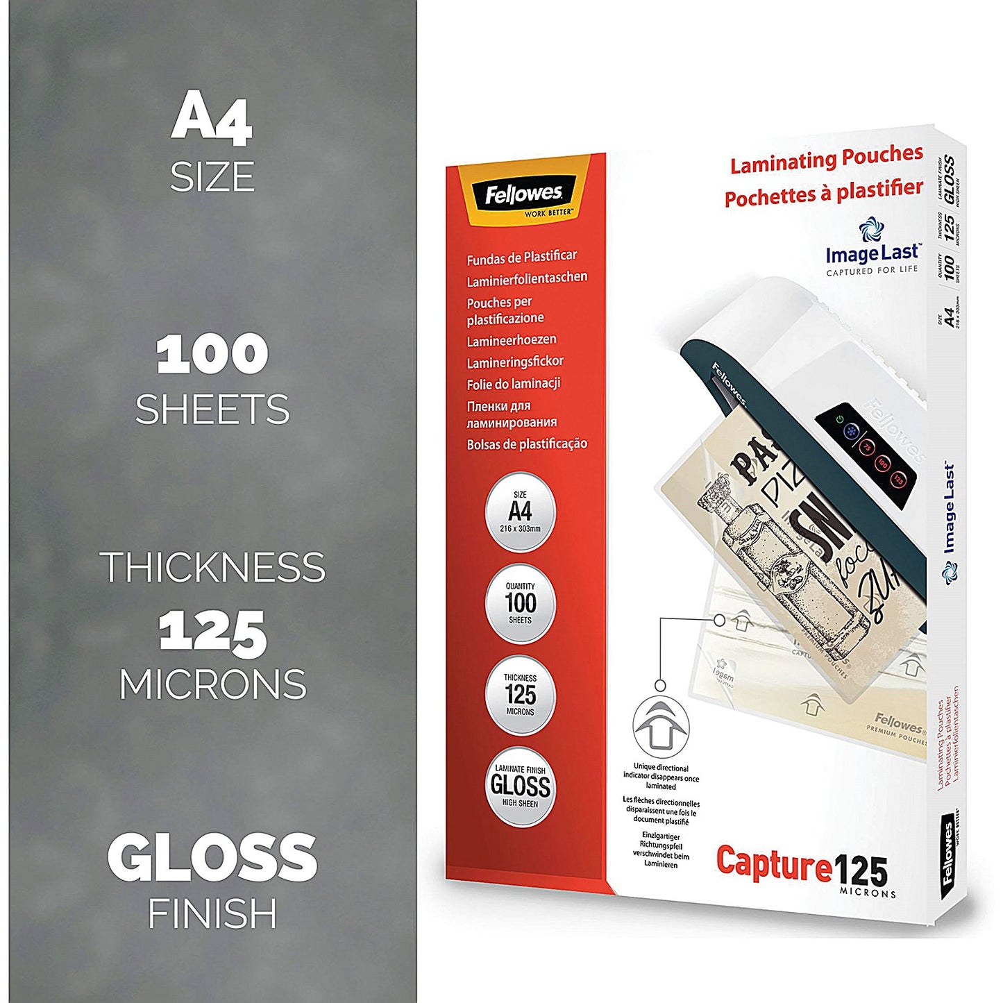 Fellowes Capture A4 Laminating Pouches, 250 Microns, Glossy, Pack of 100