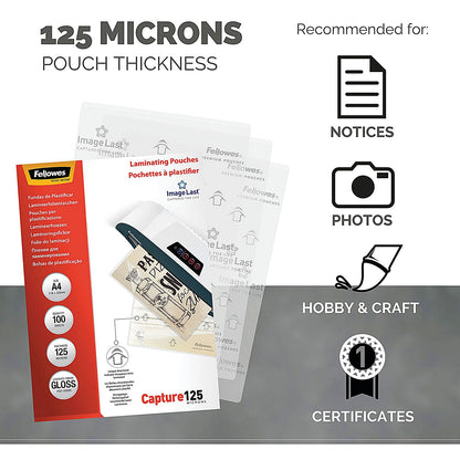 Fellowes Capture A4 Laminating Pouches, 250 Microns, Glossy, Pack of 100