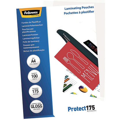 Fellowes Protect A4 Laminating Pouches, 350 Microns, Glossy, Pack of 100