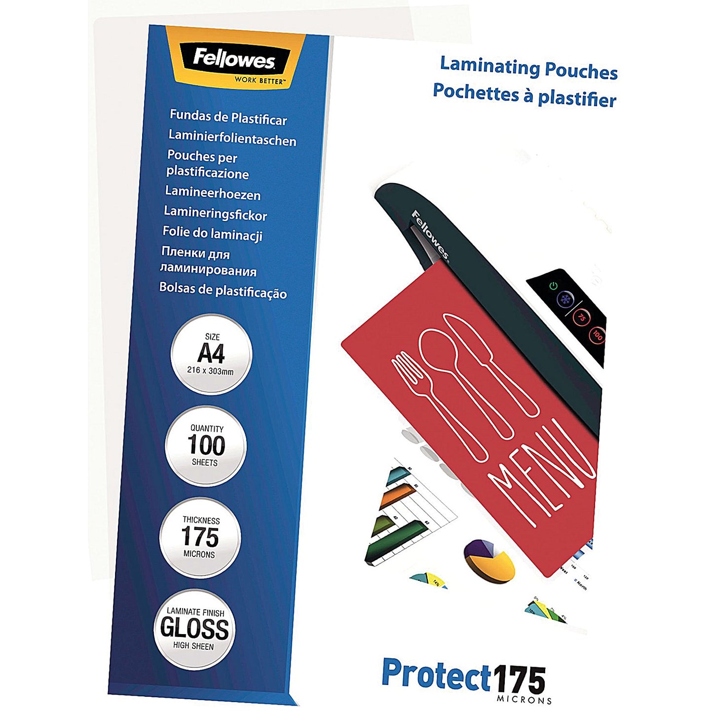 Fellowes Protect A4 Laminating Pouches, 350 Microns, Glossy, Pack of 100