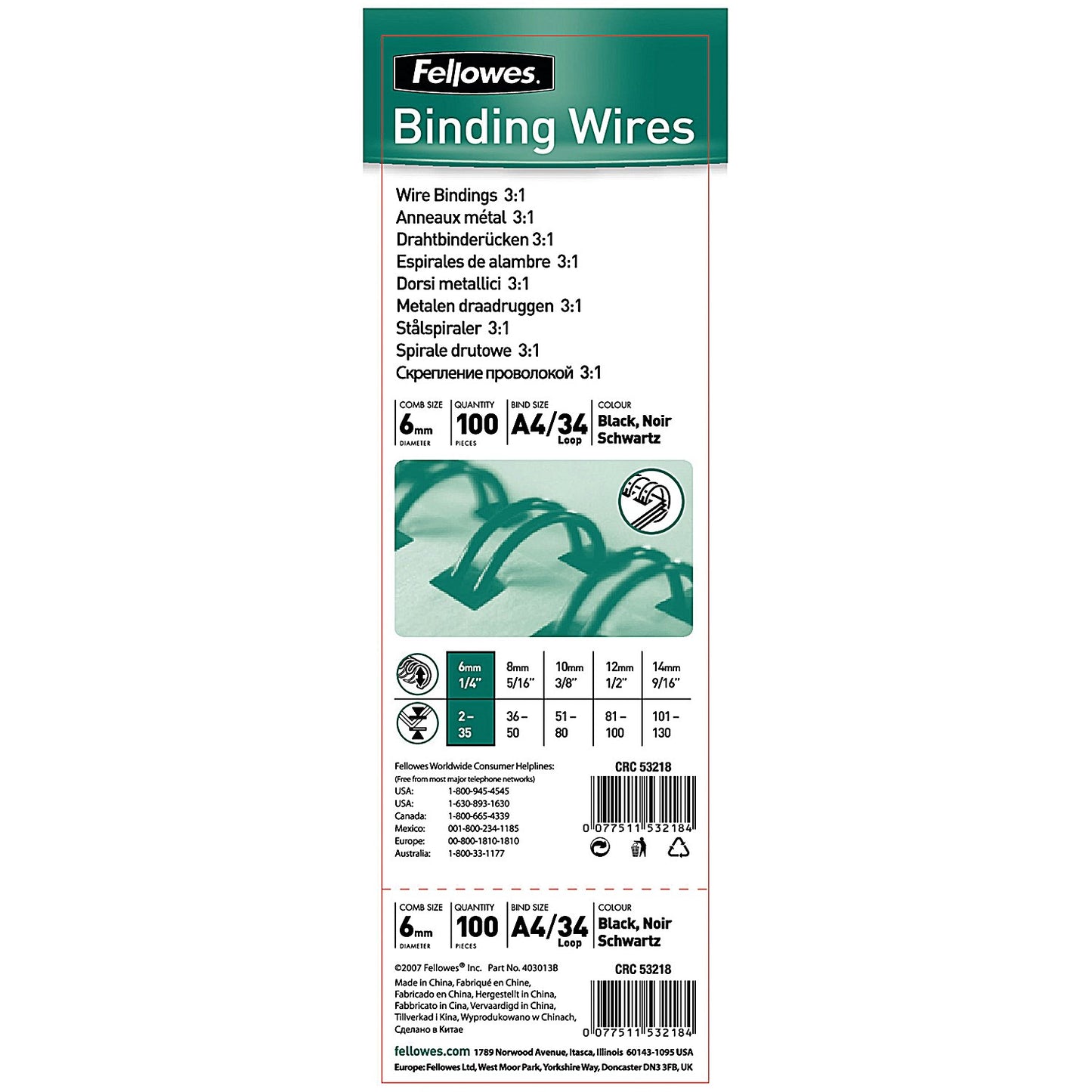 Fellowes Binding Wires, 34 Loop, 6mm, Black, Pack of 100