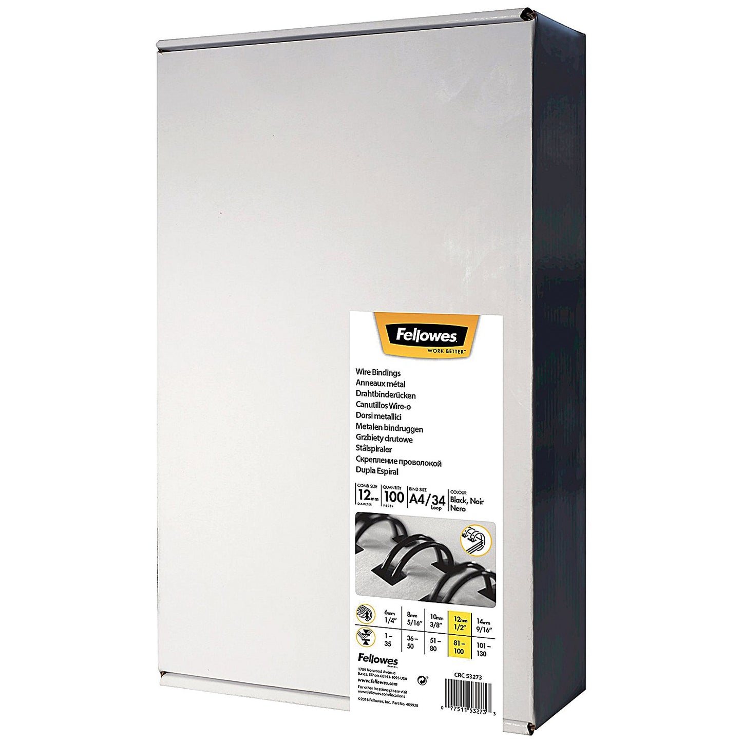 Fellowes Binding Wires, 34 Loop, 12mm, Black, Pack of 100