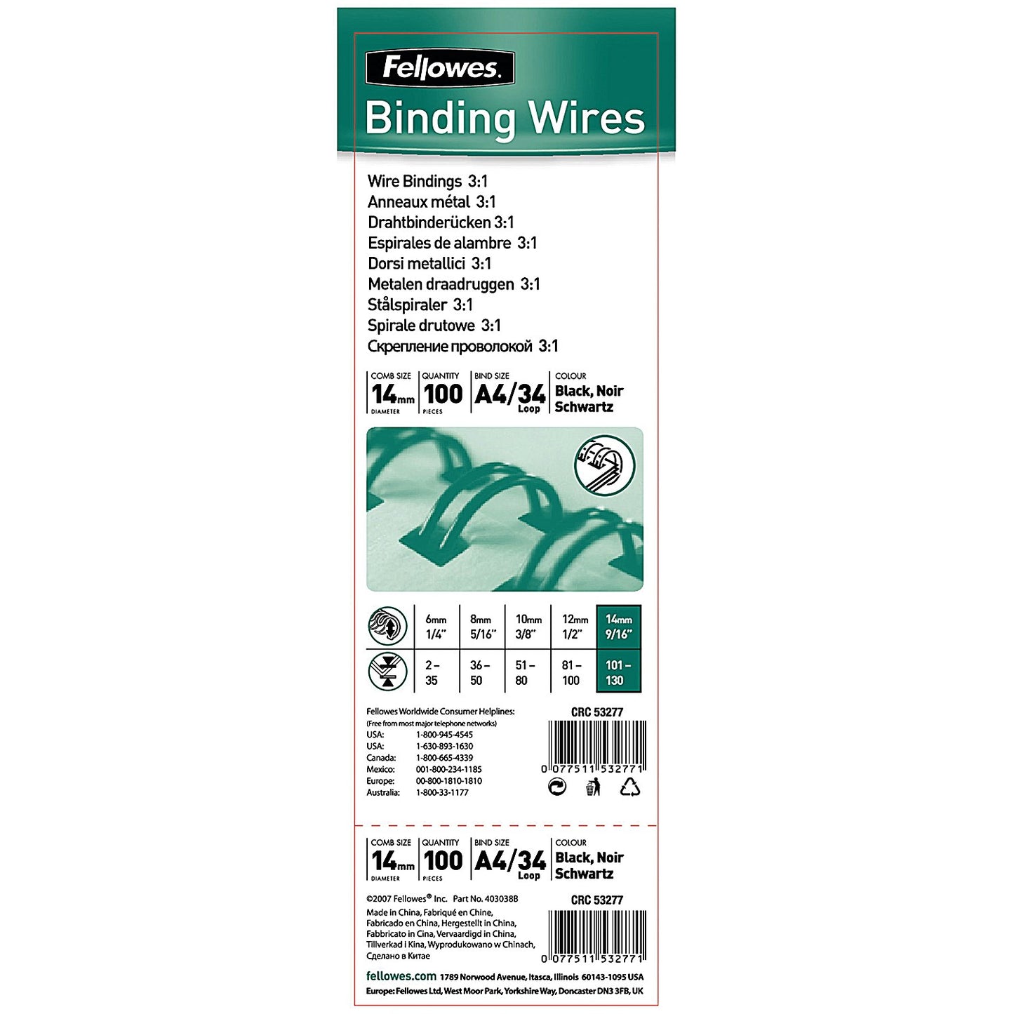 Fellowes Binding Wires, 34 Loop, 14mm, Black, Pack of 100