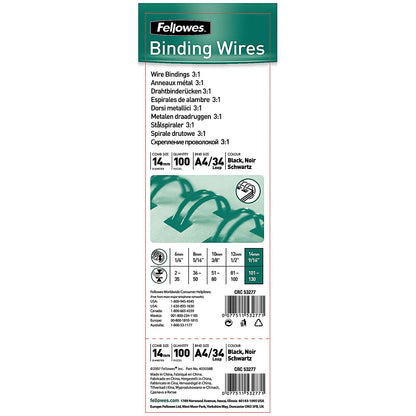 Fellowes Binding Wires, 34 Loop, 14mm, Black, Pack of 100