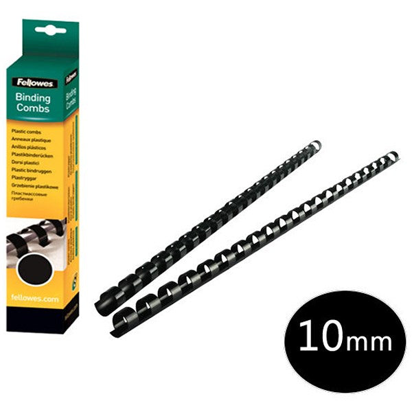 Fellowes Plastic Binding Combs, 21 Ring, 10mm, Black, Pack of 100