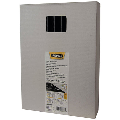 Fellowes Plastic Binding Combs, 21 Ring, 19mm, Black, Pack of 100