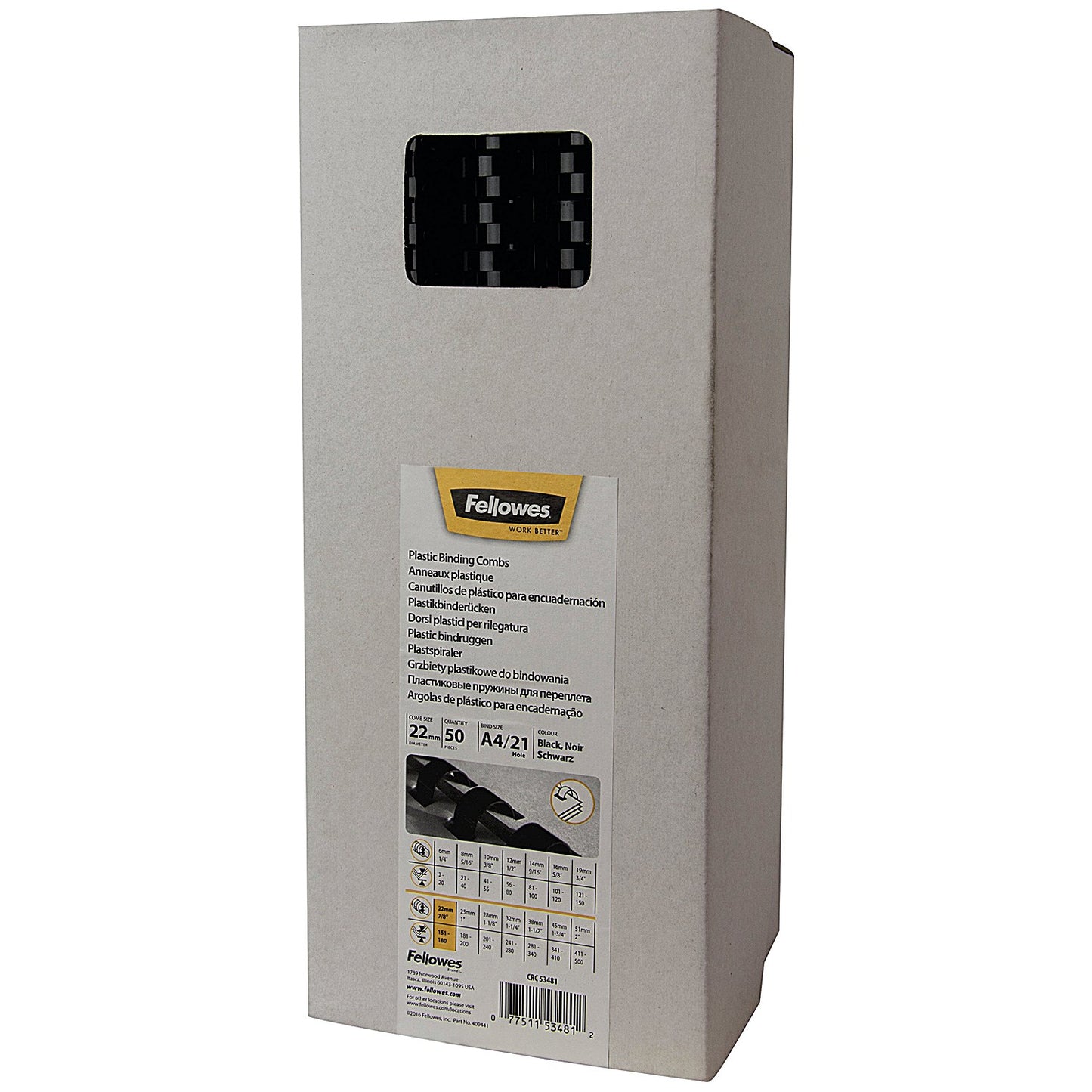 Fellowes Plastic Binding Combs, 21 Ring, 22mm, Black, Pack of 100