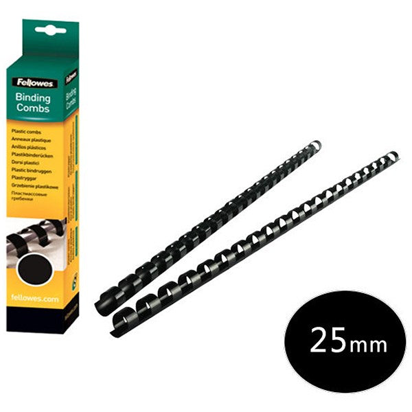 Fellowes Plastic Binding Combs, 21 Ring, 25mm, Black, Pack of 100
