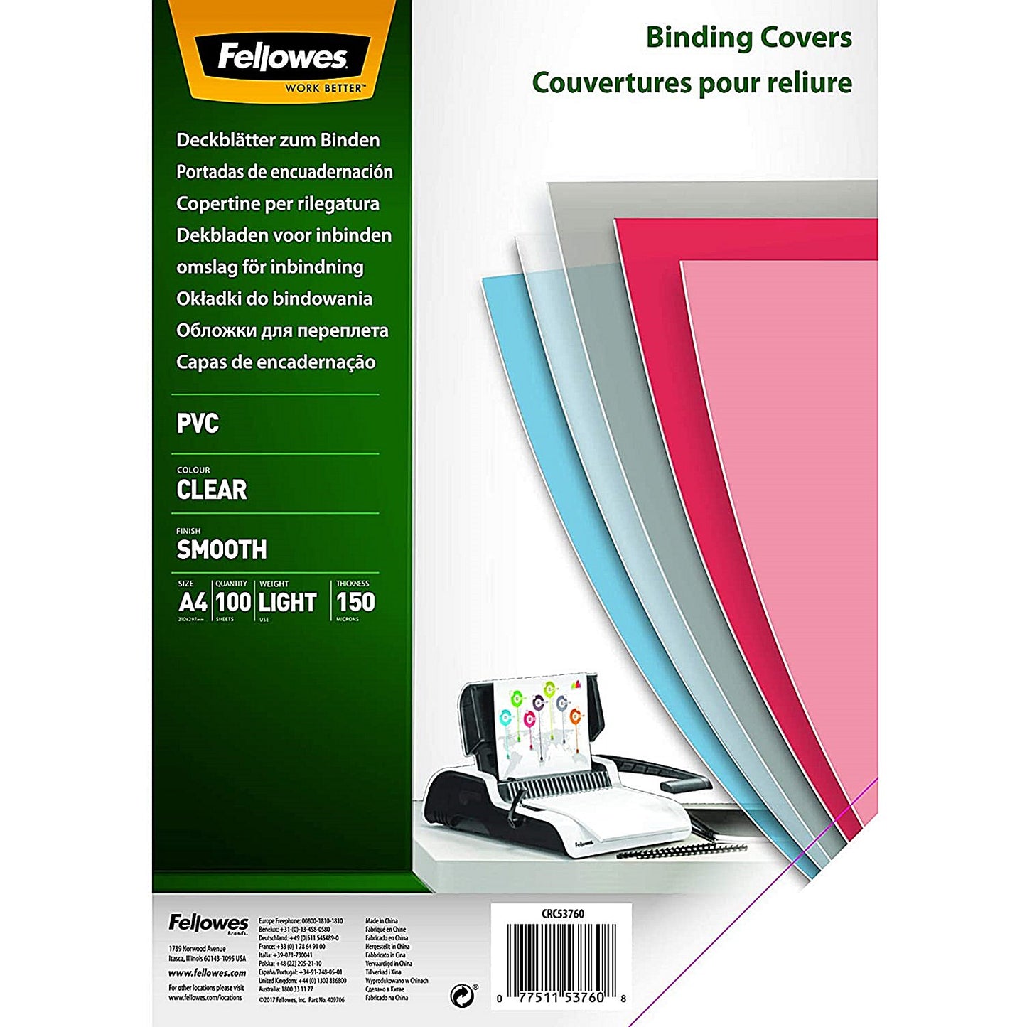 Fellowes Binding Covers, 150 Micron, Clear, A4, PVC, Pack of 100