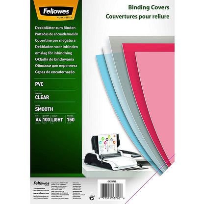 Fellowes Binding Covers, 150 Micron, Clear, A4, PVC, Pack of 100