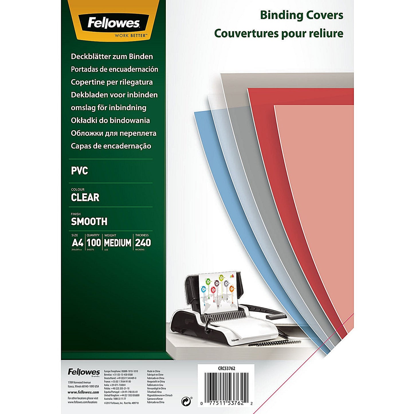 Fellowes Binding Covers, 240 Micron, Clear, A4, Pack of 100