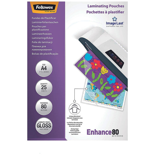 Fellowes Enhance A4 Laminating Pouches, 160 Microns, Glossy, Pack of 25