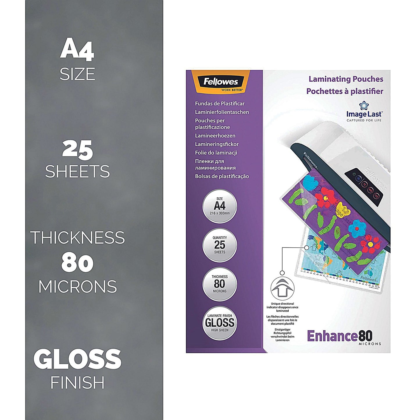 Fellowes Enhance A4 Laminating Pouches, 160 Microns, Glossy, Pack of 25