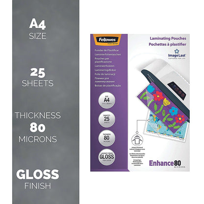 Fellowes Enhance A4 Laminating Pouches, 160 Microns, Glossy, Pack of 25
