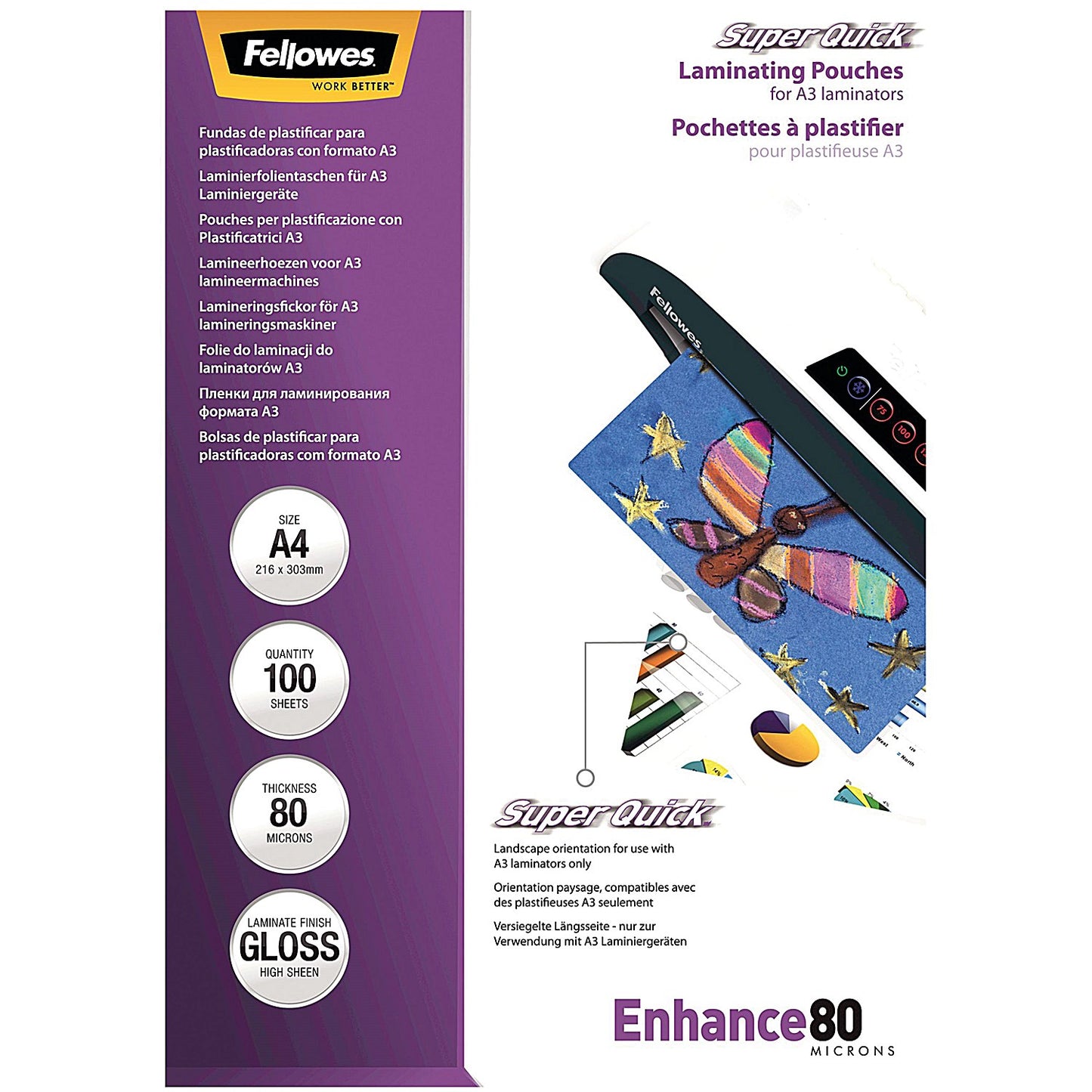 Fellowes Enhance Super Quick A4 Laminating Pouches, 160 Microns, Glossy, Pack of 100
