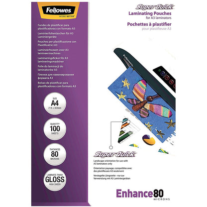 Fellowes Enhance Super Quick A4 Laminating Pouches, 160 Microns, Glossy, Pack of 100