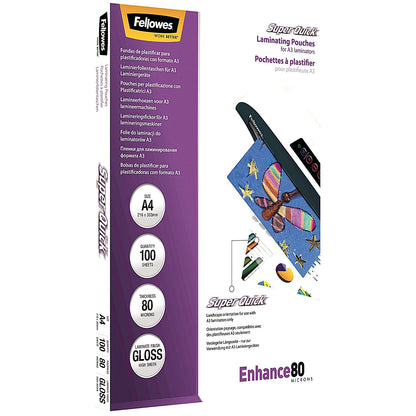 Fellowes Enhance Super Quick A4 Laminating Pouches, 160 Microns, Glossy, Pack of 100