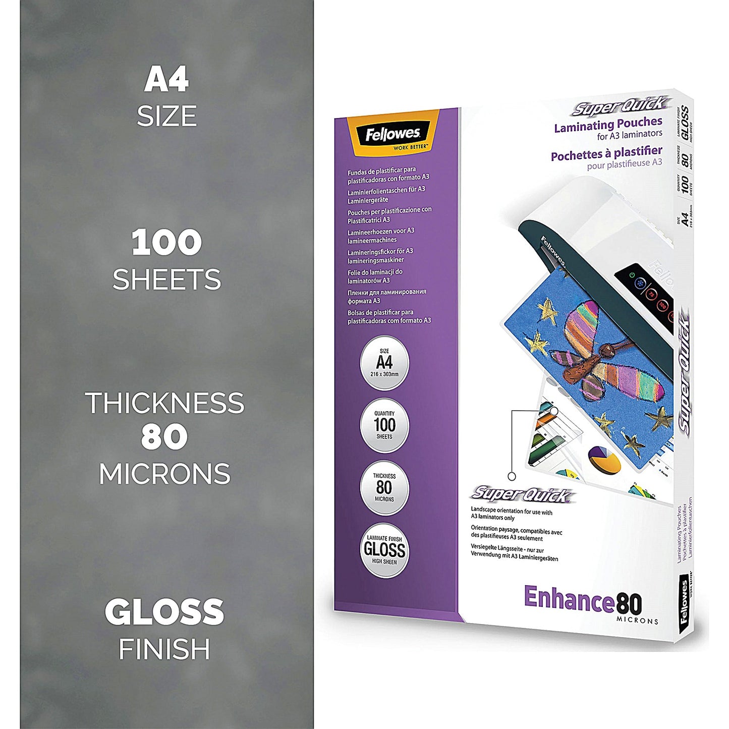 Fellowes Enhance Super Quick A4 Laminating Pouches, 160 Microns, Glossy, Pack of 100