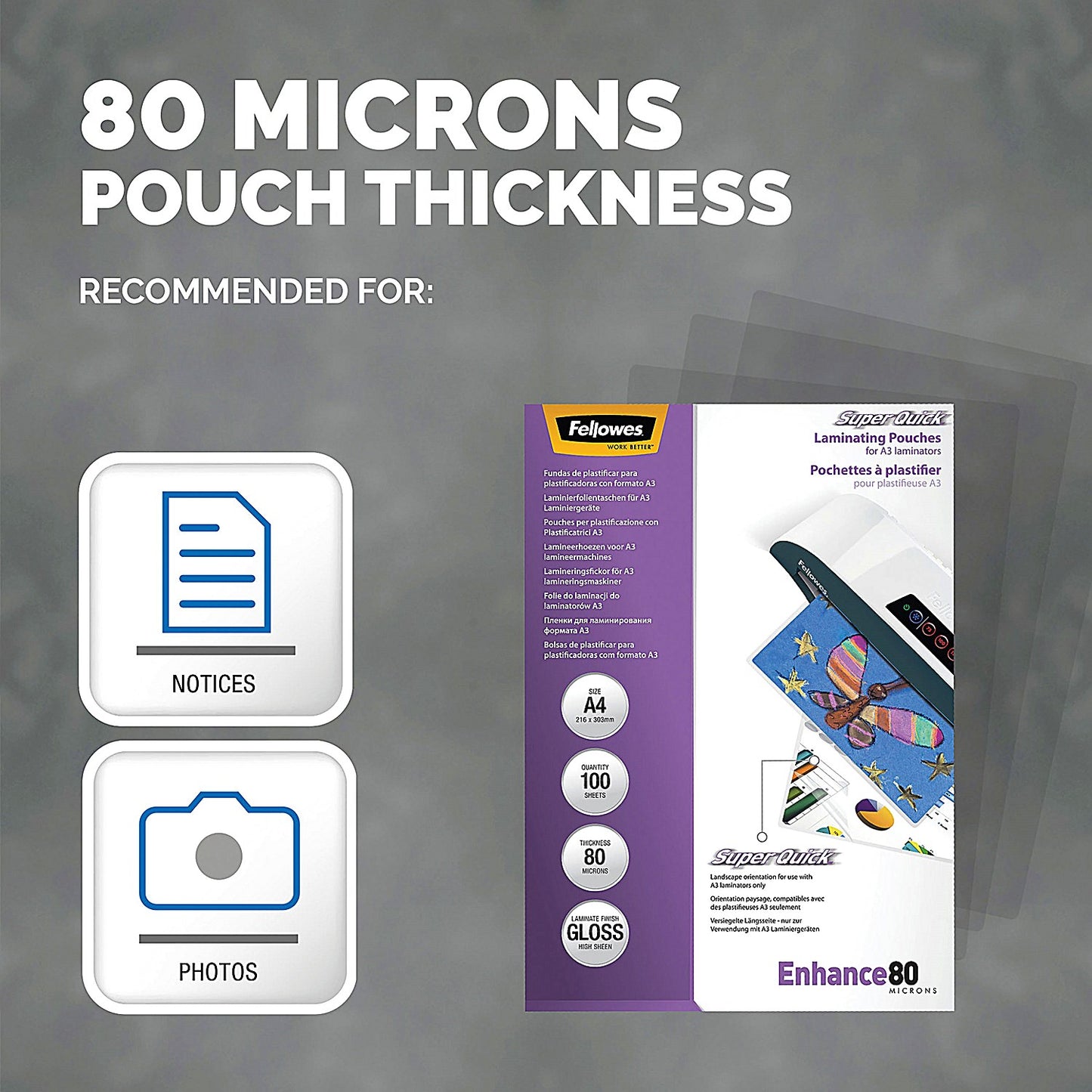 Fellowes Enhance Super Quick A4 Laminating Pouches, 160 Microns, Glossy, Pack of 100