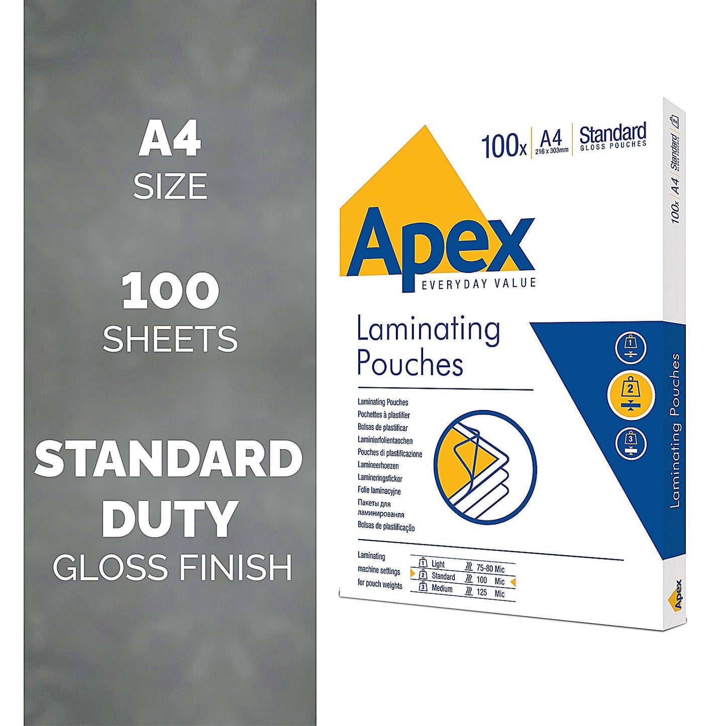 Fellowes Apex A4 Laminating Pouches, 200 Microns, Glossy, Pack of 100