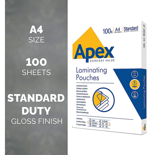 Fellowes Apex A4 Laminating Pouches, 200 Microns, Glossy, Pack of 100