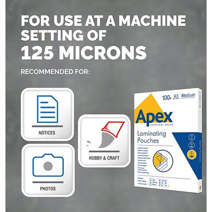 Fellowes Apex A3 Laminating Pouches, 250 Microns, Glossy, Pack of 100