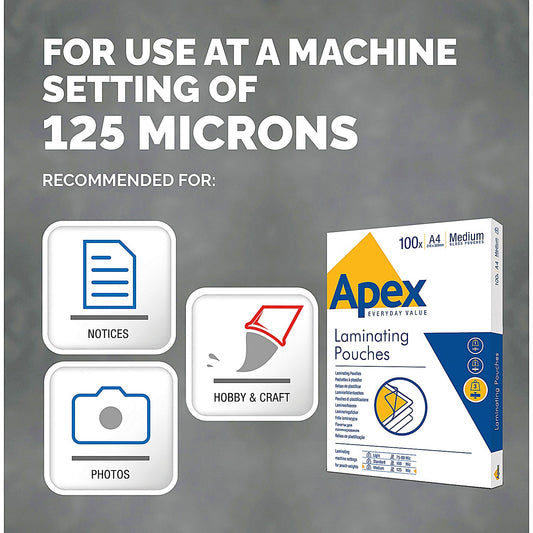 Fellowes Apex A4 Laminating Pouches, 250 Microns, Glossy, Pack of 100