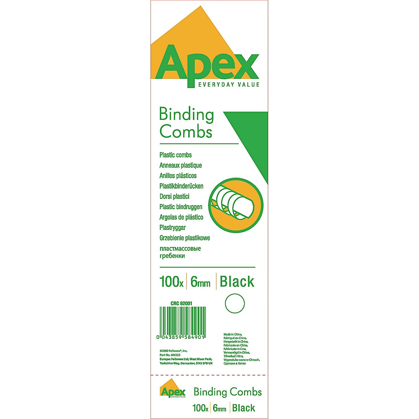 Fellowes Apex Plastic Binding Combs, 21 Ring, 6mm, Black, Pack of 100