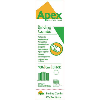 Fellowes Apex Plastic Binding Combs, 21 Ring, 8mm, Black, Pack of 100