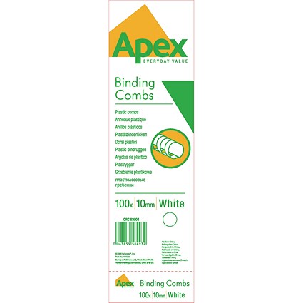 Fellowes Apex Plastic Binding Combs, 21 Ring, 10mm, White, Pack of 100