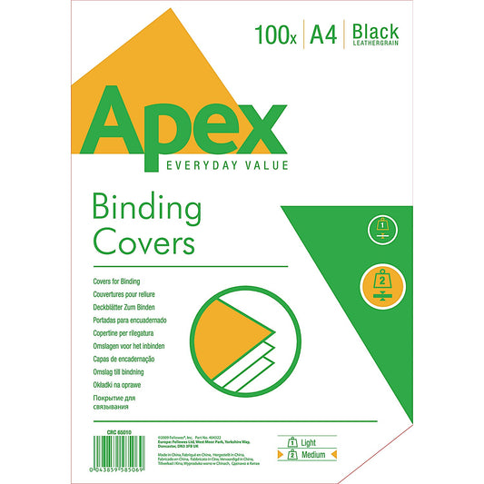 Fellowes Apex Binding Covers, 230gsm, Leathergrain, Black, A4, Pack of 100