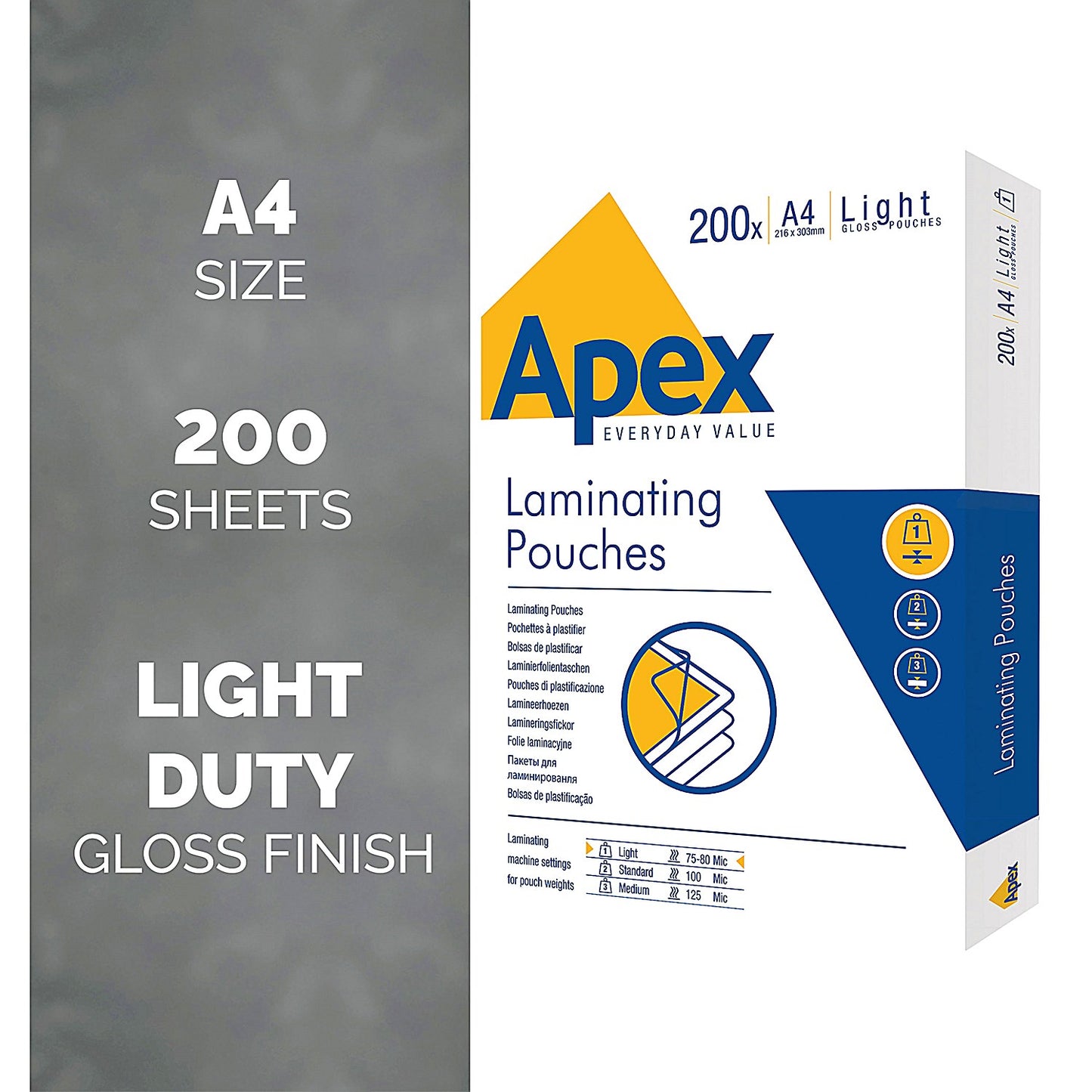 Fellowes Apex A4 Laminating Pouches, 150 Microns, Glossy, Pack of 200
