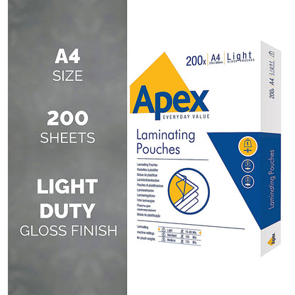 Fellowes Apex A4 Laminating Pouches, 150 Microns, Glossy, Pack of 200