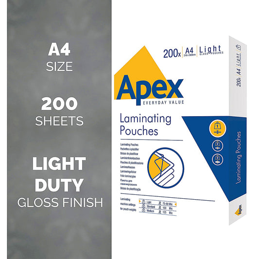 Fellowes Apex A4 Laminating Pouches, 150 Microns, Glossy, Pack of 200