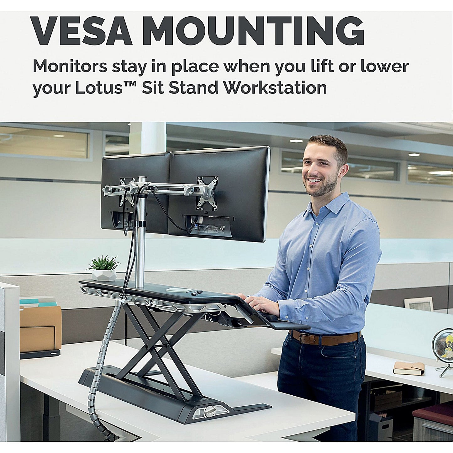 Fellowes Lotus Sit Stand Workstaion Dual Monitor Arm, Adjustable Height, Silver