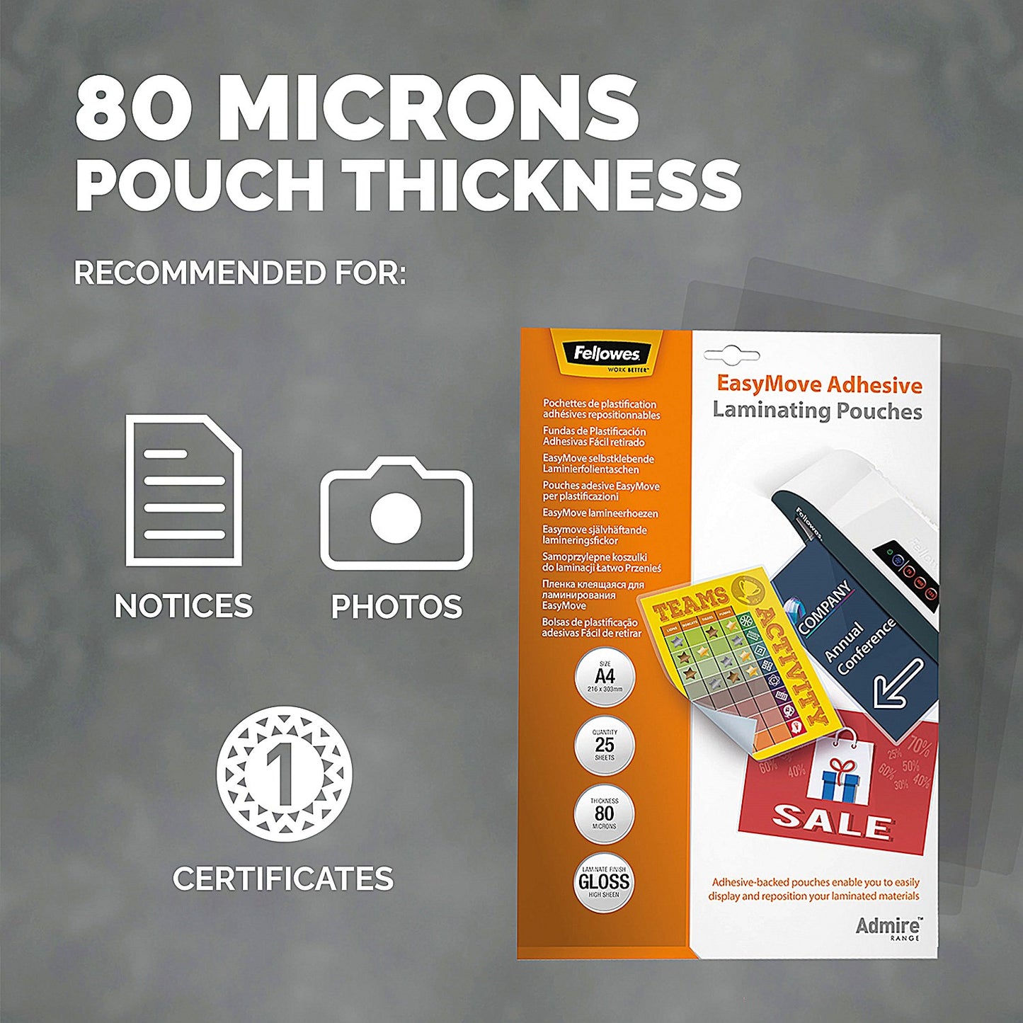 Fellowes Admire EasyMove A4 Laminating Pouches, 160 Microns, Glossy, Pack of 25
