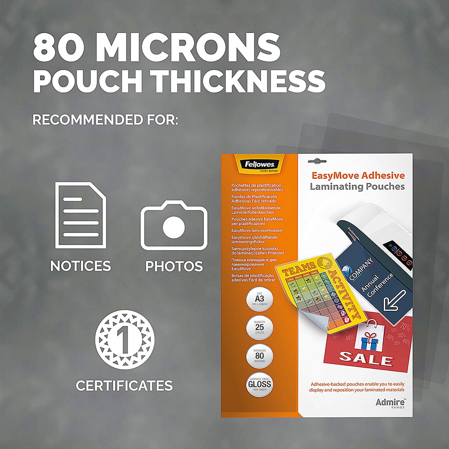 Fellowes Admire EasyMove A3 Laminating Pouches, 160 Microns, Glossy, Pack of 25