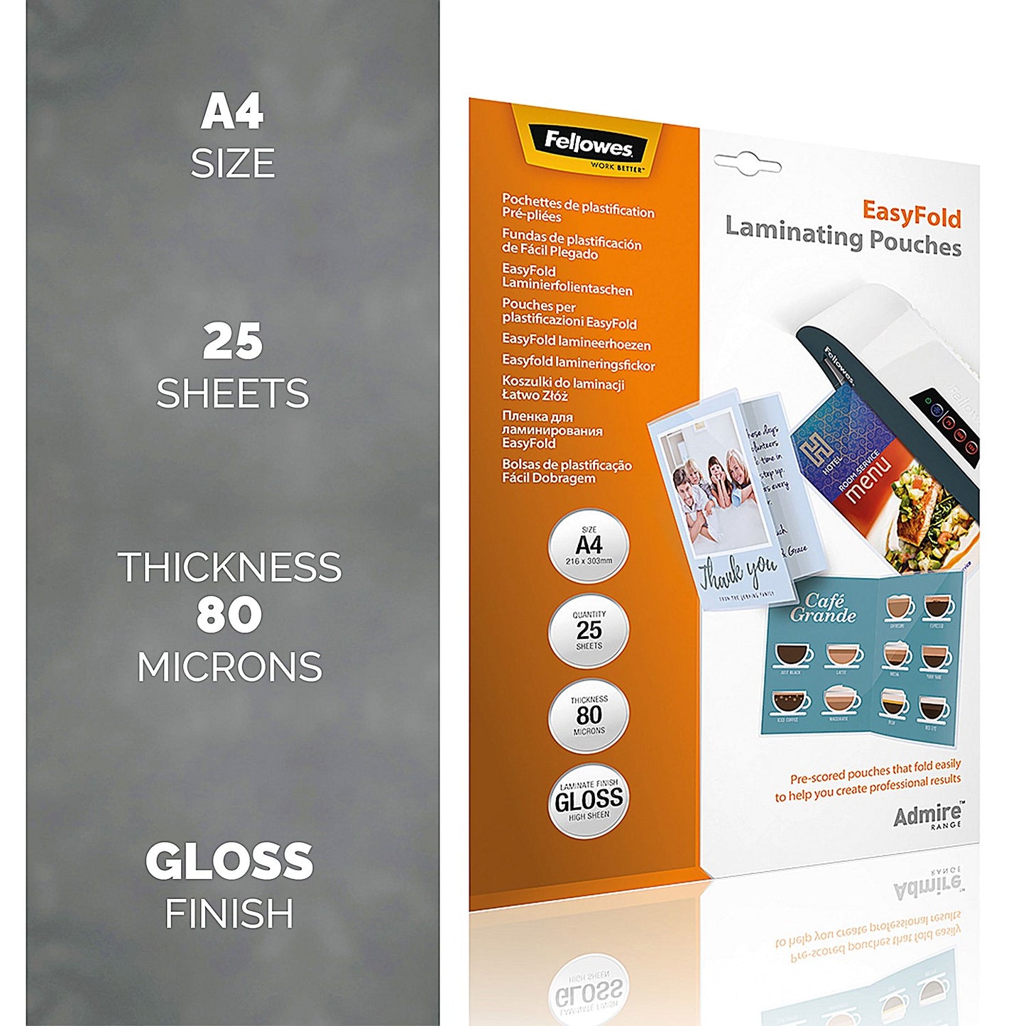 Fellowes Admire EasyFold A4 Laminating Pouches, 160 Microns, Glossy, Pack of 25