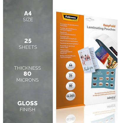 Fellowes Admire EasyFold A4 Laminating Pouches, 160 Microns, Glossy, Pack of 25